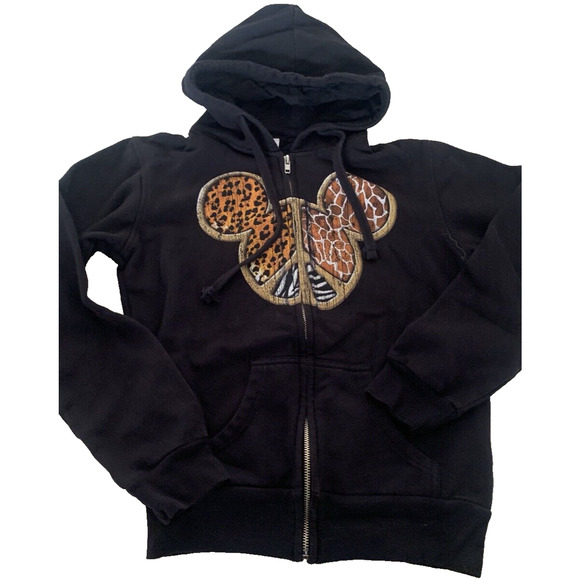 Disney Resort Hoodie Youth Small Black w Animal Print Mickey Mouse Sweatshirt - Picture 3 of 12
